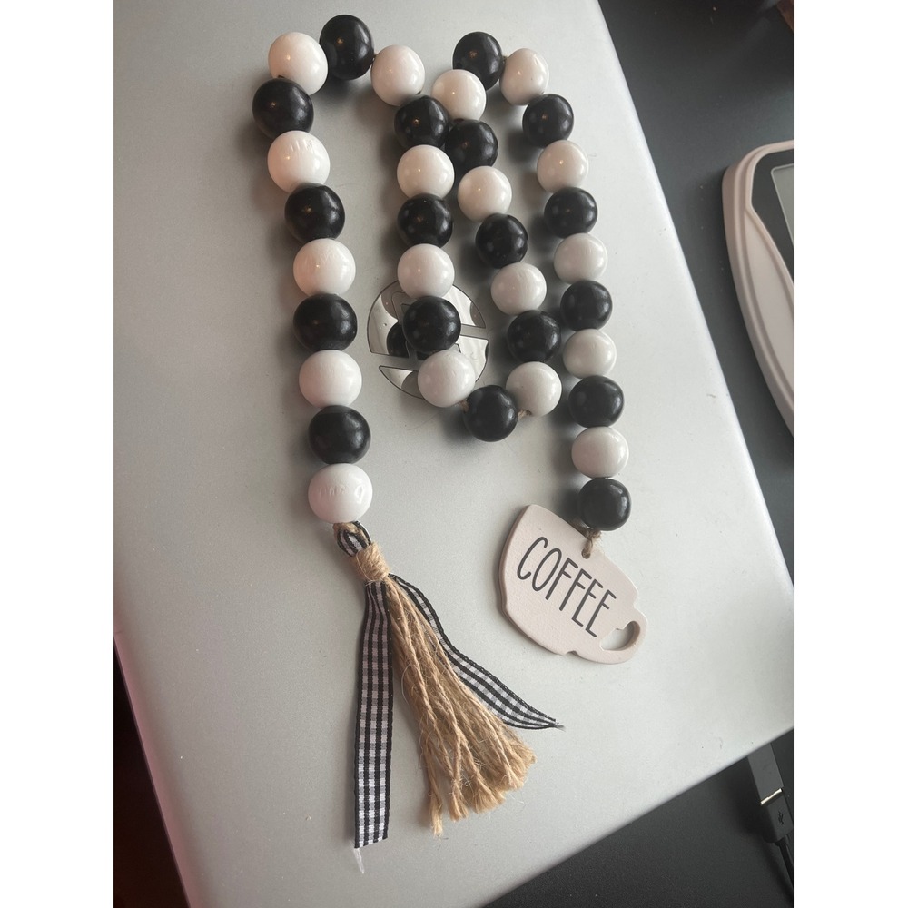 Black White Wood Bead Garland Coffee Bar Decor Farmhouse Tassel Tiered Tray 32in